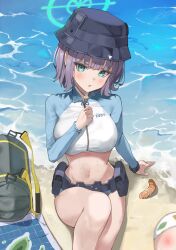 Rule 34 | 1girl, absurdres, bag, beach, belt, belt pouch, black belt, black hat, blue archive, blue eyes, blue hair, bucket hat, chart, commentary request, dark blue hair, duffel bag, green halo, halo, hat, highres, kagemoe1003, knee up, long sleeves, looking at viewer, navel, ocean, official alternate costume, outdoors, pouch, raglan sleeves, rash guard, saki (blue archive), saki (swimsuit) (blue archive), short hair, sitting, solo, utility belt