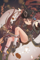 Rule 34 | 1girl, :d, ass, black footwear, black shorts, boo tao (genshin impact), brown eyes, brown hair, chinese clothes, commentary request, flower, genshin impact, ghost, grin, hair between eyes, hat, hat flower, hat ornament, highres, holding, holding staff, hu tao (genshin impact), jewelry, knee up, kneehighs, long hair, long sleeves, looking at viewer, open mouth, ring, shoes, short shorts, shorts, sidelocks, smile, socks, staff, symbol-shaped pupils, twintails, white socks, xiao xiao tian