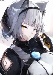 Rule 34 | 1girl, animal ear fluff, animal ears, artist name, black gloves, blue eyes, breasts, brown eyes, commentary request, gloves, hairband, hand up, headgear, heterochromia, highres, holding, holding own hair, large breasts, looking at viewer, nekoya (liu), original, short hair, silver hair, solo, upper body, white background