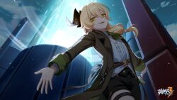 Rule 34 | 1boy, ascot, black shorts, blonde hair, brown coat, chinese clothes, cloud, coat, evil smile, green ascot, hat, highres, honkai (series), honkai impact 3rd, james moriarty (honkai impact), logo, long hair, long sleeves, looking at viewer, male focus, official art, official wallpaper, open hand, open hands, open mouth, outdoors, short shorts, shorts, sky, smile, solo, teeth, thigh strap, upper body, upper teeth only, v-shaped eyebrows