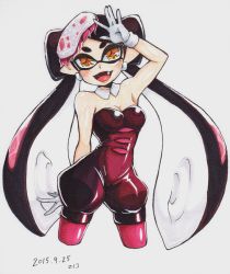 Rule 34 | + +, 1girl, arm up, armpits, bare arms, bare shoulders, black dress, black hair, blush, bow, breasts, callie (splatoon), cleavage, dated, detached collar, dress, earrings, eyebrows, fang, female focus, food, food on head, gloves, hair bow, hand in own hair, hat, inkling, jewelry, long hair, looking at viewer, medium breasts, mole, mole under eye, nintendo, object on head, okumura 096, open mouth, pantyhose, pointy ears, purple pantyhose, ringozaka mariko, short jumpsuit, simple background, solo, splatoon (series), splatoon 1, strapless, strapless unitard, symbol-shaped pupils, tentacle hair, tentacles, thick eyebrows, traditional media, unitard, white background, white gloves, yellow eyes