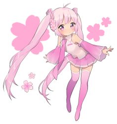 Rule 34 | 1girl, bad id, bad pixiv id, boots, detached sleeves, flower, full body, hair flower, hair ornament, hatsune miku, leaning forward, long hair, necktie, pink eyes, pink footwear, pink hair, sakura miku, skirt, solo, thighhighs, transparent background, twintails, uttao, very long hair, vocaloid, white background