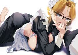 Rule 34 | 1girl, apron, barefoot, black dress, blonde hair, blue eyes, blueorca, breasts, dress, finger in own mouth, frills, glasses, large breasts, lying, maid, maid apron, maid headdress, on stomach, original, sideboob, solo, waist apron, white apron, white background