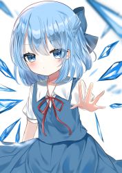 Rule 34 | 1girl, arm up, blue bow, blue dress, blue eyes, blue hair, blush, bow, bowtie, cirno, closed mouth, collar, collared shirt, dress, eyes visible through hair, hair between eyes, hair bow, hand up, highres, ice, ice wings, looking at viewer, okome2028, puffy short sleeves, puffy sleeves, red bow, red bowtie, shirt, short hair, short sleeves, simple background, solo, touhou, white background, white shirt, wings