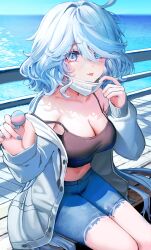 Rule 34 | 1girl, :p, absurdres, alternate costume, black tank top, blue eyes, blue hair, blue nails, breasts, candy, cleavage, collarbone, commentary request, cowlick, crop top, dasha, denim, food, furina (genshin impact), genshin impact, highres, holding, holding candy, holding food, holding lollipop, jacket, jeans, light blue hair, lollipop, long hair, looking at viewer, mask, medium breasts, midriff, mouth mask, navel, ocean, pants, shorts, sitting, solo, summer, tank top, tongue, tongue out, white jacket
