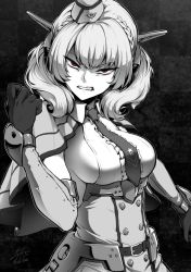 Rule 34 | 1girl, belt, braid, breasts, buttons, capelet, clenched hand, clenched teeth, colorado (kancolle), dress, ebiblue, elbow gloves, garrison cap, gesugao, gloves, greyscale, hat, headgear, kantai collection, monochrome, necktie, pleated dress, red eyes, shirt, short hair, side braids, sideboob, signature, simple background, sleeveless, solo, spot color, teeth, twitter username