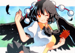 Rule 34 | 1girl, bird wings, black hair, black skirt, black wings, blush, collared shirt, feathered wings, feathers, hat, highres, holding, holding pen, one eye closed, open mouth, pen, pleated skirt, pom pom (clothes), puffy short sleeves, puffy sleeves, qqqrinkappp, red eyes, red hat, shameimaru aya, shirt, short hair, short sleeves, skirt, smile, solo, tokin hat, touhou, traditional media, white shirt, wings