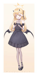 Rule 34 | 1girl, absurdres, amerika neko, black dress, black footwear, black pantyhose, blonde hair, blue archive, commentary, demon tail, demon wings, dress, full body, halo, highres, ibuki (blue archive), ibuki (dress) (blue archive), long hair, official alternate costume, pantyhose, pointy ears, shoes, side ponytail, solo, tail, wings, yellow eyes