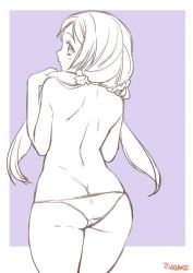 Rule 34 | 1girl, artist name, ass, back, butt crack, commentary request, cowboy shot, from behind, hair ornament, hair scrunchie, hands up, holding, holding hair, long hair, love live!, love live! school idol project, monochrome, panties, purple background, scrunchie, solo, sumeragi kohaku, topless, tojo nozomi, twintails, underwear, underwear only