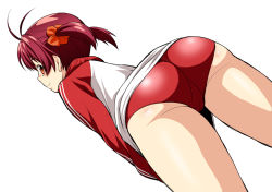 Rule 34 | 1girl, ass, blush, brown eyes, buruma, from behind, isshiki akane, jacket, kouda tomohiro, looking at viewer, looking back, red hair, short hair, simple background, smile, solo, track jacket, trefoil, twintails, vividred operation, white background