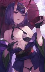 Rule 34 | 1girl, bare shoulders, black gloves, blush, bob cut, commentary, cowboy shot, cup, fate/grand order, fate (series), fingerless gloves, flat chest, gloves, hand up, headpiece, highres, holding, holding cup, horns, japanese clothes, kimono, looking at viewer, navel, obi, off shoulder, oil-paper umbrella, oni, open mouth, purple eyes, purple hair, purple kimono, red sash, red umbrella, revealing clothes, sakazuki, sash, short hair, shuten douji (fate), skin-covered horns, smile, solo, standing, thick eyebrows, thkani, umbrella