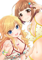 Rule 34 | 2girls, :d, arm up, bikini, blonde hair, blue eyes, blush, bracelet, breasts, brown eyes, brown hair, casual one-piece swimsuit, cleavage, closed mouth, collarbone, hair ornament, idolmaster, idolmaster cinderella girls, idolmaster cinderella girls starlight stage, index finger raised, jewelry, kitami yuzu, long hair, looking at viewer, medium breasts, multiple girls, navel, necklace, ohtsuki yui, one-piece swimsuit, open mouth, ozaki mirai, short hair, sideboob, simple background, smile, swimsuit, wavy hair, white background