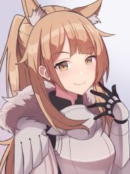 Rule 34 | 1girl, animal ear fluff, animal ears, arknights, armor, black ribbon, blemishine (arknights), blonde hair, blush, breastplate, commentary request, hand up, highres, horse ears, horse girl, long hair, looking at viewer, pauldrons, ribbon, sanukiske, shoulder armor, sideways glance, smile, solo, twintails, upper body, yellow eyes