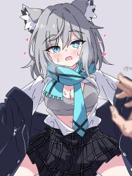 Rule 34 | 1boy, 1girl, :d, absurdres, animal ears, black skirt, blue archive, blue eyes, blue jacket, blue necktie, blue scarf, bra, breasts, cleavage, collared shirt, grey background, grey bra, grey hair, heart, heterochromia, high-waist skirt, highres, jacket, large breasts, legs apart, long hair, long sleeves, mangyu0111, miniskirt, necktie, open clothes, open jacket, open mouth, open shirt, outstretched arms, plaid, plaid skirt, pleated skirt, pov, pov hands, scarf, school uniform, shiroko (blue archive), shirt, shirt tucked in, simple background, sitting, skirt, smile, solo focus, underwear, white shirt, wolf ears, wolf girl