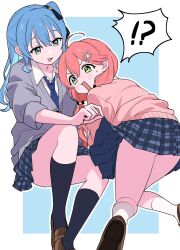 Rule 34 | !?, 2girls, ahoge, black socks, blue eyes, blue hair, blue necktie, blue skirt, blush, brown footwear, cardigan, clothes lift, collarbone, collared shirt, green eyes, grey cardigan, hair between eyes, hair ornament, hairclip, highres, hololive, hoshimachi suisei, kneehighs, lifting another&#039;s clothes, loafers, long hair, long sleeves, multiple girls, necktie, one side up, open mouth, pink cardigan, plaid, plaid skirt, pleated skirt, red hair, sakura miko, school uniform, shirt, shoes, skirt, skirt lift, socks, soh himitsuki, spoken interrobang, star (symbol), star in eye, sweat, symbol in eye, twintails, v-shaped eyebrows, virtual youtuber, white shirt, white socks