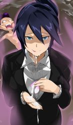 Rule 34 | 1boy, 1girl, bad id, bad pixiv id, black hair, blue eyes, boku no hero academia, breasts, business suit, cafekun, collared shirt, commentary request, condom, cum, cum in mouth, cum on body, cum on hands, cum on upper body, dress shirt, formal, from above, hair between eyes, highres, holding, holding condom, jacket, licking lips, looking at viewer, lying, medium breasts, midnight (boku no hero academia), mineta minoru, mohawk, nude, office lady, on back, open mouth, purple hair, shirt, short hair, solo focus, suit, tongue, tongue out, used condom, white shirt