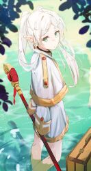 Rule 34 | 1girl, absurdres, capelet, earrings, elf, frieren, green eyes, highres, holding, holding staff, jewelry, mage staff, nosu (pewk x4b), pointy ears, solo, sousou no frieren, staff, standing, wading, white hair