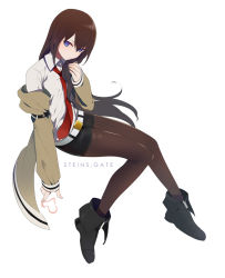 Rule 34 | 1girl, bad id, bad pixiv id, blue eyes, boots, brown hair, brown pantyhose, full body, harano, heart, jacket, long hair, looking away, makise kurisu, necktie, pantyhose, pantyhose under shorts, red necktie, shorts, simple background, sitting, solo, steins;gate, tsundere, white background