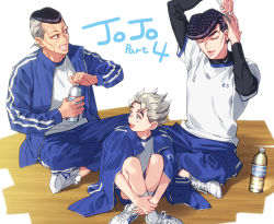 Rule 34 | 3boys, :d, arms up, black eyes, black hair, black shirt, blue eyes, blue jacket, blue pants, blue shorts, bottle, brushing hair, closed eyes, clothes writing, comb, commentary request, copyright name, crossed legs, diamond wa kudakenai, english text, grey hair, grin, gym uniform, higashikata josuke, highres, hirose koichi, holding, holding bottle, holding comb, hugging own legs, indian style, jacket, jacket on shoulders, jojo no kimyou na bouken, k (gear labo), layered sleeves, long sleeves, looking at another, male focus, multicolored hair, multiple boys, nijimura okuyasu, open clothes, open jacket, open mouth, pants, pompadour, shirt, shoes, short hair, short over long sleeves, short sleeves, shorts, sitting, smile, sneakers, socks, spiked hair, teeth, thick eyebrows, track jacket, track pants, track uniform, two-tone hair, water bottle, white background, white footwear, white legwear, white shirt, wooden floor