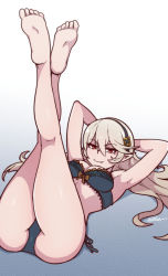 Rule 34 | 1girl, akairiot, armpits, arms behind head, arms up, ass, barefoot, blonde hair, breasts, cleavage, corrin (female) (fire emblem), corrin (fire emblem), fang, feet, female focus, fire emblem, fire emblem fates, legs up, long hair, looking at viewer, lying, medium breasts, nintendo, on back, red eyes, smile, solo, tagme