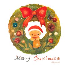 Rule 34 | bell, bird, bow, buku (bunnbuk), chick, christmas wreath, holding, holding bell, looking at viewer, merry christmas, no humans, original, pinecone, red bow, wreath