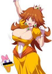Rule 34 | 2girls, animal, arm up, bar censor, bird, blush, bow, breasts, brown hair, censored, choker, cleavage, crossover, crown, daisy duck, disney, dress, duck, earrings, flower choker, flower earrings, gloves, hair bow, highres, identity censor, jewelry, konno tohiro, large breasts, long hair, looking at viewer, mario (series), multiple girls, name connection, nintendo, one eye closed, open mouth, princess, princess daisy, puffy sleeves, purple eyes, short sleeves, smile, super mario land, white background, white gloves, wink, yellow dress