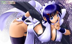 Rule 34 | 1girl, apron, artist name, ass, bent over, blue eyes, blue hair, breasts, cleavage, covered erect nipples, fingerless gloves, gloves, hand on own hip, hanging breasts, highres, index finger raised, iroha (samurai spirits), large breasts, leaning forward, legs, looking at viewer, maid, maid apron, maid headdress, onoe, samurai spirits, short hair, smile, snk, solo, thick thighs, thighs