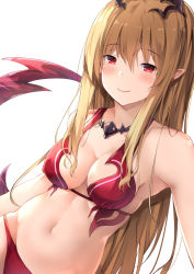 Rule 34 | 1girl, bad id, bad pixiv id, bare shoulders, bikini, blush, breasts, brown hair, closed mouth, collarbone, granblue fantasy, hair ornament, half-closed eyes, light smile, long hair, looking at viewer, lord of vermilion, medium breasts, milia (lord of vermilion), navel, pointy ears, red bikini, sidelocks, simple background, smile, solo, suzuame yatsumi, swimsuit, upper body, very long hair, white background