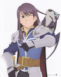 Rule 34 | 00s, 1boy, absurdres, armor, black eyes, black hair, dog, highres, male focus, official alternate costume, official art, one eye closed, puppy, repede (tales), scan, solo, sword, tales of (series), tales of vesperia, tales of vesperia: the first strike, weapon, white background, wink, yuri lowell