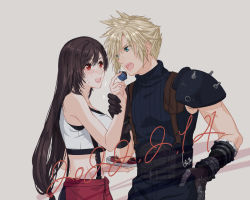 Rule 34 | 1boy, 1girl, apron, armor, bare shoulders, black hair, black skirt, blonde hair, blue eyes, blush, breasts, chocolate, cloud strife, couple, crop top, dated, final fantasy, final fantasy vii, final fantasy vii remake, gloves, grabbing another&#039;s hand, holding, kudou asami, large breasts, long hair, midriff, open mouth, red eyes, shoulder armor, skirt, sleeveless, sleeveless turtleneck, spiked hair, suspender skirt, suspenders, tank top, tifa lockhart, turtleneck, valentine, waist apron