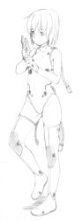 Rule 34 | 1girl, female focus, full body, gloves, greyscale, majima yuki, monochrome, simple background, solo, thighhighs, white background