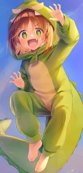 Rule 34 | + +, 1girl, :d, absurdres, arm up, barefoot, blonde hair, brown hair, claw pose, colored inner hair, commentary, dinosaur costume, fang, feet, full body, green eyes, highres, hood, hood up, jiyasu, long sleeves, multicolored hair, oka asahi, onii-chan wa oshimai!, open mouth, short hair, smile, solo, toes, two-tone hair, zipper pull tab