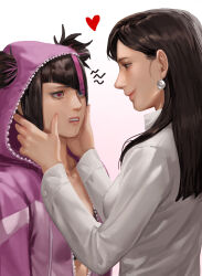 Rule 34 | 2girls, absurdres, asymmetrical bangs, bbubbubbobbo123, black hair, brown hair, capcom, chun-li, confused, earrings, hair down, han juri, hands on another&#039;s face, highres, jewelry, long sleeves, looking at another, multicolored hair, multiple girls, official alternate hairstyle, onesie, pink hair, purple eyes, shirt, smile, standing, streaked hair, street fighter, street fighter 6, twintails, upper body, white shirt