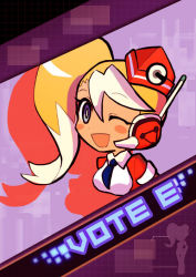 Rule 34 | 1girl, ;), blonde hair, blue eyes, blush stickers, call (mighty no. 9), call e, garrison cap, hat, headset, long hair, mighty no. 9, multicolored hair, necktie, one eye closed, pontata, poster (medium), side ponytail, smile, solo, two-tone hair, white hair, wink