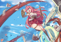 Rule 34 | 1girl, absurdres, ahoge, aqua eyes, armor, breasts, cleavage, ddg160, detached sleeves, dungeon and fighter, greaves, highres, knight (dungeon and fighter), large breasts, long hair, open mouth, red hair, shield, skirt, sleeveless, sword, tentacles, thigh strap, very long hair, weapon