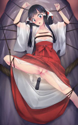 Rule 34 | 1girl, arms up, bdsm, black eyes, black hair, blunt bangs, blush, bondage, bound, bound wrists, breasts, censored, dildo, f-ism, female focus, hair ornament, hakama, hakama skirt, highres, hip vent, japanese clothes, kimono, leg lift, long hair, miko, mosaic censoring, murakami suigun, nipples, no bra, no panties, open clothes, open kimono, open mouth, original, pussy, red hakama, rope, see-through, sex toy, shibari, skirt, small breasts, solo, spread legs, sweat, tears, twintails, wet, wet clothes, wide-eyed, wide sleeves