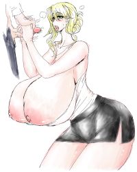 Rule 34 | 1girl, blonde hair, blush, breasts, breasts out, cross, faina (psp), gigantic breasts, green eyes, handjob, highres, jewelry, leaning forward, mole, necklace, nipples, open mouth, original, penis, psp(3dass), solo focus, thighs, tongue, tongue out, uncensored