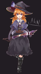 Rule 34 | 1girl, absurdres, adapted costume, akane (cookie), belt, black dress, black footwear, black gloves, blue capelet, blue gemstone, blush, boots, brooch, brown belt, butterfly hat ornament, capelet, character name, commentary request, cookie (touhou), dress, elbow gloves, full body, gem, gloves, grey background, hair between eyes, hat, hat ornament, highres, holding, holding sword, holding weapon, jewelry, kirisame marisa, light brown hair, long hair, looking at viewer, open mouth, purple eyes, simple background, solo, sword, touhou, walking, weapon, witch hat, yumekamaborosh