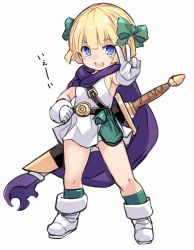Rule 34 | 1girl, :d, blonde hair, blue eyes, blush, boots, bow, cape, dragon quest, dragon quest v, dress, full body, gloves, gluteal fold, green bow, green socks, hair bow, hero&#039;s daughter (dq5), karukan (monjya), kneehighs, open mouth, outstretched arm, purple cape, short dress, short hair, simple background, sleeveless, sleeveless dress, smile, socks, solo, standing, sword, sword behind back, translation request, v, weapon, weapon on back, white background, white dress, white footwear, white gloves