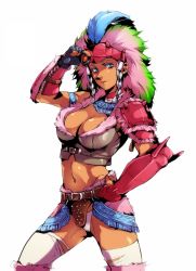 Rule 34 | 1girl, armband, armor, belt, braid, breasts, capcom, cleavage, conga (armor), feathers, fingerless gloves, gloves, hair tubes, hand on own hip, headdress, large breasts, midriff, monster hunter (series), panties, simple background, solo, tan, thighhighs, torn clothes, twin braids, underwear, yamada 3