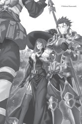 Rule 34 | 1girl, 2boys, armor, artist name, belt buckle, buckle, closed eyes, closed mouth, dress, from below, gloves, goblin slayer, goblin slayer!, greyscale, hair between eyes, hand on own hip, hat, highres, holding, holding staff, kannatsuki noboru, long dress, mole, mole under eye, monochrome, multiple boys, novel illustration, official art, open mouth, pants, pauldrons, shoulder armor, side slit, spearman (goblin slayer!), spiked hair, staff, standing, white background, witch (goblin slayer!), witch hat