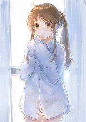 Rule 34 | 1girl, alternate costume, blush, borrowed clothes, curtains, highres, idolmaster, idolmaster cinderella girls, indoors, long hair, looking at viewer, mochitsuki usa, oversized clothes, oversized shirt, panties, see-through, see-through shirt, shirt, sidelocks, sleeves past wrists, smile, solo, takamori aiko, twintails, underwear, very long hair, white shirt, yellow panties