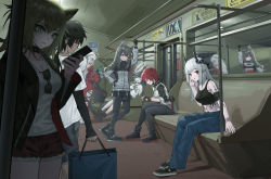 Rule 34 | 1boy, 6+girls, :o, absurdres, animal ears, arknights, bag, black choker, black footwear, black hair, black jacket, black nails, black pantyhose, black shorts, black sports bra, blaze (arknights), blue pants, boots, breasts, cat ears, chinese commentary, choker, closed mouth, commentary request, copyright name, dark-skinned male, dark skin, ear piercing, earphones, exusiai (arknights), eyewear hang, halo, highres, holding, holding bag, holding phone, hood, hooded jacket, horns, jacket, leg ribbon, lion ears, material growth, medium breasts, mudrock (arknights), multiple girls, nail polish, official alternate costume, open clothes, open jacket, open mouth, oripathy lesion (arknights), pants, pantyhose, pantyhose under shorts, phone, piercing, qiufenghaiming, red eyes, red hair, red shorts, reflection, ribbon, shirt, shoes, shopping bag, short sleeves, shorts, siege (arknights), silver hair, sitting, skadi (arknights), skadi the corrupting heart (arknights), sleeping, sneakers, sports bra, sunglasses, texas (arknights), thorns (arknights), thorns (comodo) (arknights), train interior, unworn eyewear, white footwear, white jacket, white shirt, wolf ears, yellow eyes
