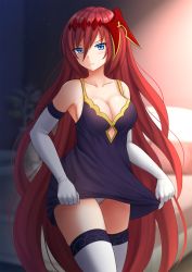 Rule 34 | 1girl, bare shoulders, bed, blue eyes, blurry, blurry background, blush, breasts, cleavage, closed mouth, commentary, depth of field, dress, elbow gloves, gloves, godsworn alexiel, granblue fantasy, hair between eyes, head tilt, highres, kazenokaze, long hair, looking at viewer, medium breasts, panties, pillow, plant, potted plant, purple dress, red hair, sleeveless, sleeveless dress, solo, standing, thighhighs, underwear, very long hair, white gloves, white panties, white thighhighs