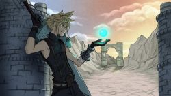 Rule 34 | 1990s (style), 1boy, ahvia, armor, asymmetrical clothes, blonde hair, blue eyes, cloud strife, final fantasy, final fantasy vii, gloves, glowing, huge weapon, magic, materia, outdoors, pauldrons, scenery, shoulder armor, sleeveless, sword, weapon
