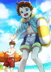 Rule 34 | 2boys, beach, blue eyes, blue sky, brothers, brown hair, child, feet out of frame, freckles, genshin impact, highres, holding, holding swim ring, innertube, lens flare, looking at viewer, male focus, multiple boys, navel, ocean, open mouth, outdoors, qina (qinazuma tno), red swim trunks, shorts, siblings, signature, sky, smile, summer, surfboard, swim ring, tartaglia (genshin impact), teucer (genshin impact), tnoqina