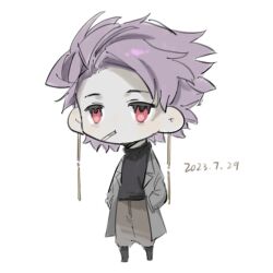 Rule 34 | 1boy, black sweater, brown pants, chibi, chibi only, cigarette, coat, dated, earrings, grey coat, hands in pockets, highres, jewelry, long sleeves, male focus, open clothes, open coat, pants, purple hair, red eyes, sa you jia, saibou shinkyoku, short hair, simple background, sketch, solo, sweater, theodore riddle, white background