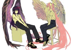 Rule 34 | 2girls, absurdly long hair, absurdres, akemi homura, akuma homura, alternate costume, alternate eye color, alternate hair ornament, alternate hairstyle, angel wings, arms between legs, black footwear, black hair, black pants, black wings, bow, collar, commentary request, expressionless, feathered wings, hair between eyes, hair bow, hairband, high-waist pants, highres, kaname madoka, koyomania, long hair, looking to the side, mahou shoujo madoka magica, mahou shoujo madoka magica: hangyaku no monogatari, multiple girls, own hands together, pants, pink hair, purple eyes, purple wings, reclining, red bow, red hairband, shirt, shoes, short sleeves, short twintails, sidelocks, simple background, sitting, sneakers, stool, twintails, two-tone footwear, ultimate madoka, very long hair, white background, white bow, white footwear, white neckwear, white shirt, white wings, wings, yellow eyes