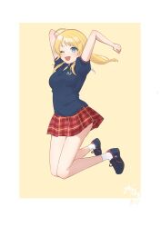 Rule 34 | ahoge, arms up, blonde hair, blue eyes, blue footwear, blue shirt, border, breasts, full body, hachimiya meguru, hair ornament, hairclip, highres, idolmaster, idolmaster shiny colors, jumping, kirara jump, large breasts, legs up, looking ahead, low twintails, miniskirt, mitora nao, open mouth, plaid, plaid skirt, pleated skirt, puffy short sleeves, puffy sleeves, red skirt, shirt, short sleeves, sidelocks, simple background, skirt, smile, socks, solo, swept bangs, twintails, white border, white socks, yellow background