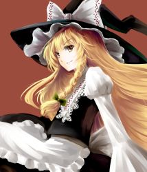 Rule 34 | 1girl, apron, blonde hair, bow, braid, colored eyelashes, eyelashes, face, female focus, hair bow, hair ribbon, hat, hat ribbon, highres, kirisame marisa, long hair, long sleeves, ribbon, simple background, smile, smirk, solo, touhou, vetina, wide sleeves, witch, witch hat, yellow eyes